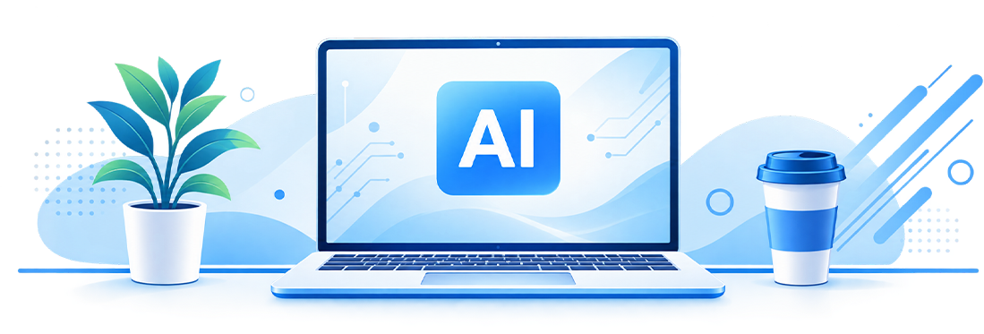 AIを表示したノートパソコンと観葉植物、カップ